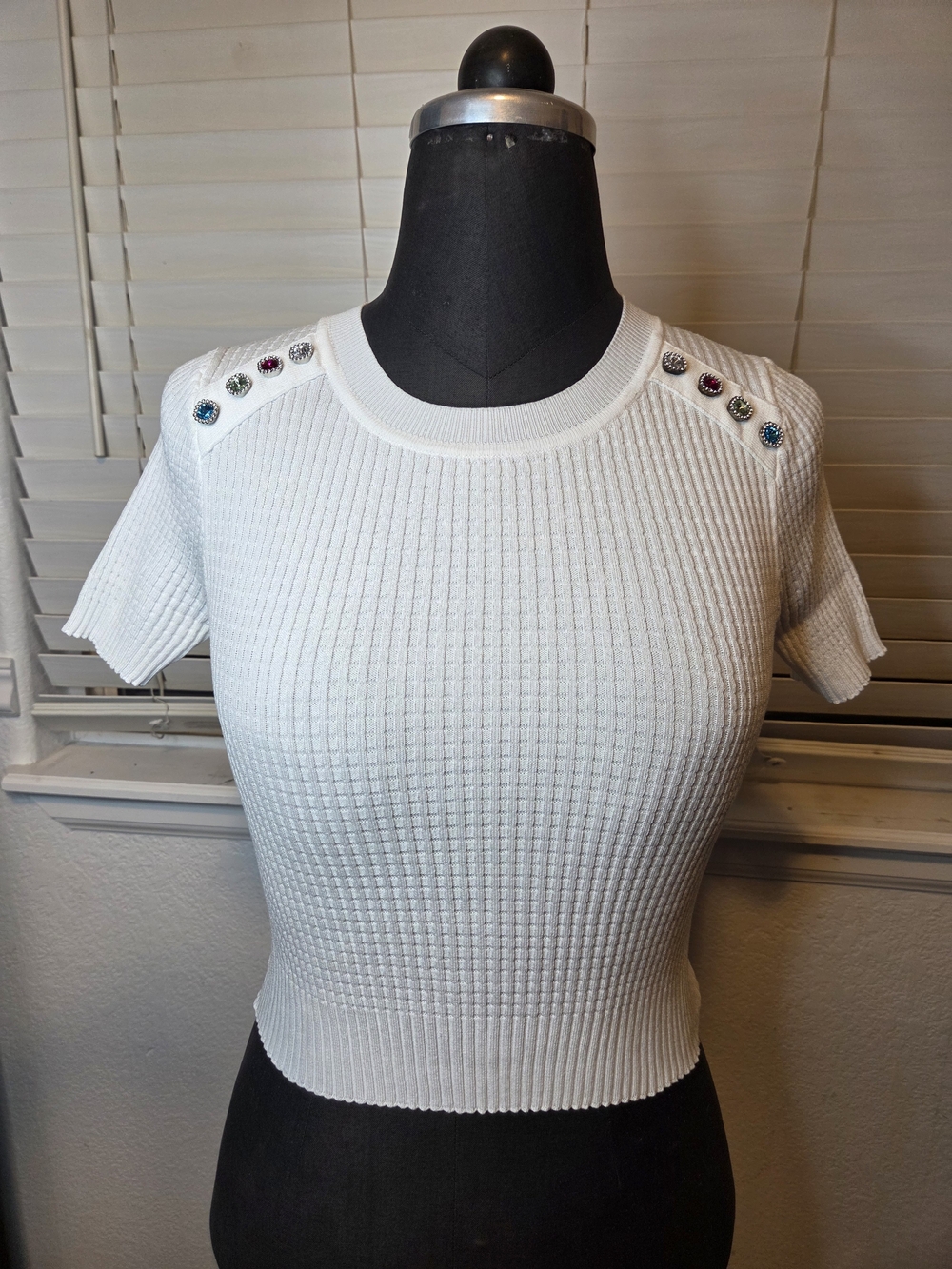 Active USA White Ribbed Short-Sleeve Crop Top with Multicolor Gem Accents